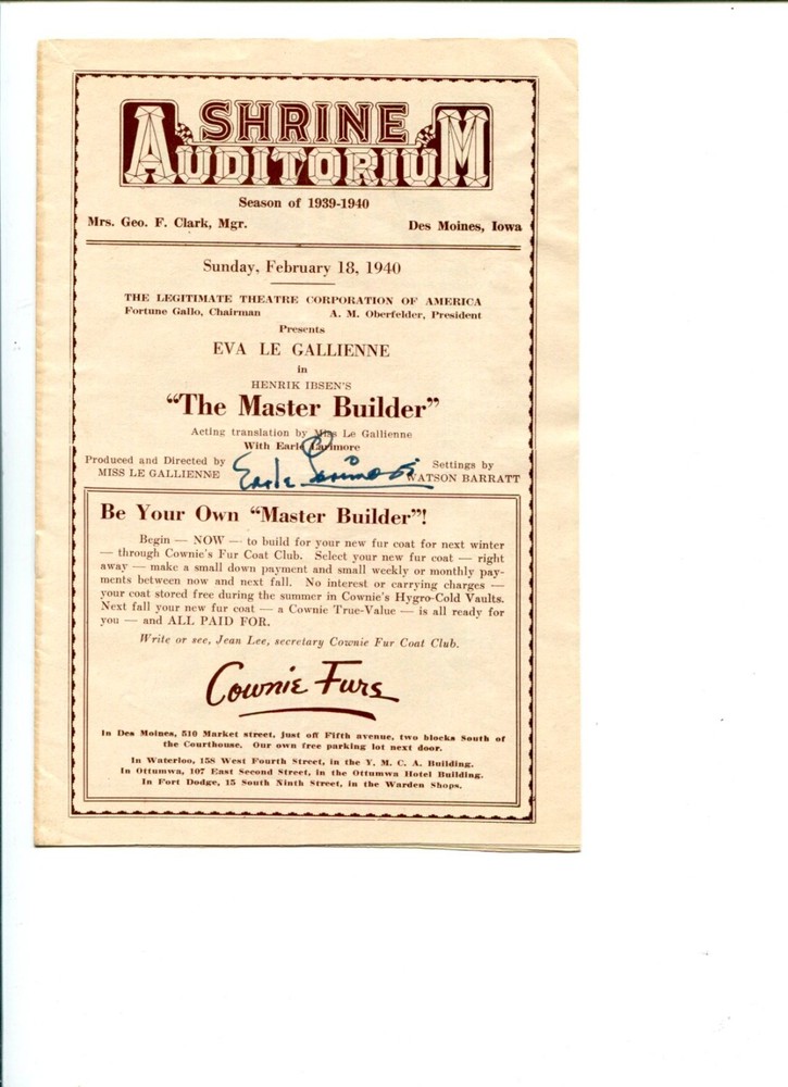 Earle Larimore The Master Builder Rare Play Signed Autograph 1940s Program