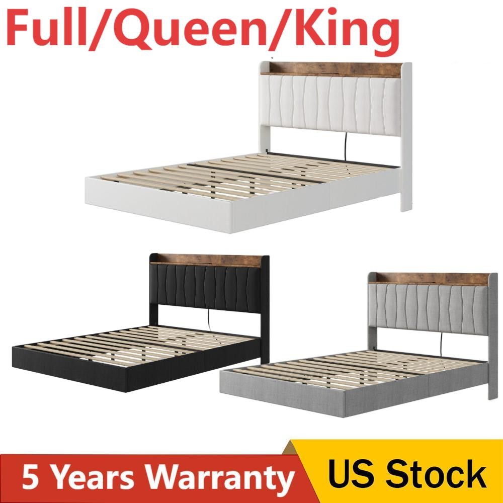 ✨Full Queen King Floating Bed Frame LED Upholstered Platform Headboard Storage