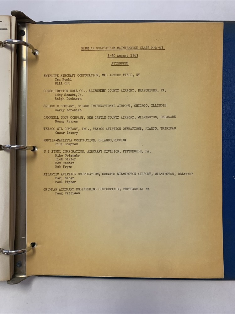 1962-63 Grumman Service School Gulfstream Maintenance Course Schedule