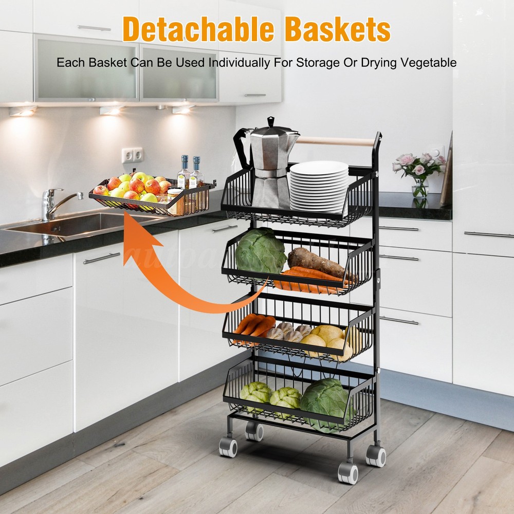 4 Tiers Kitchen Trolley Rack Utility Rolling Storage Cart Fruit Vegetable Shelf