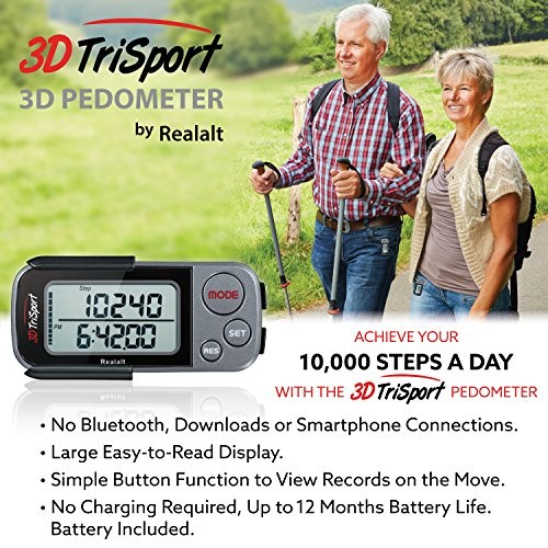 3DTriSport 3D Walking Pedometer with Clip & Strap, Accurate Step One Size Grey
