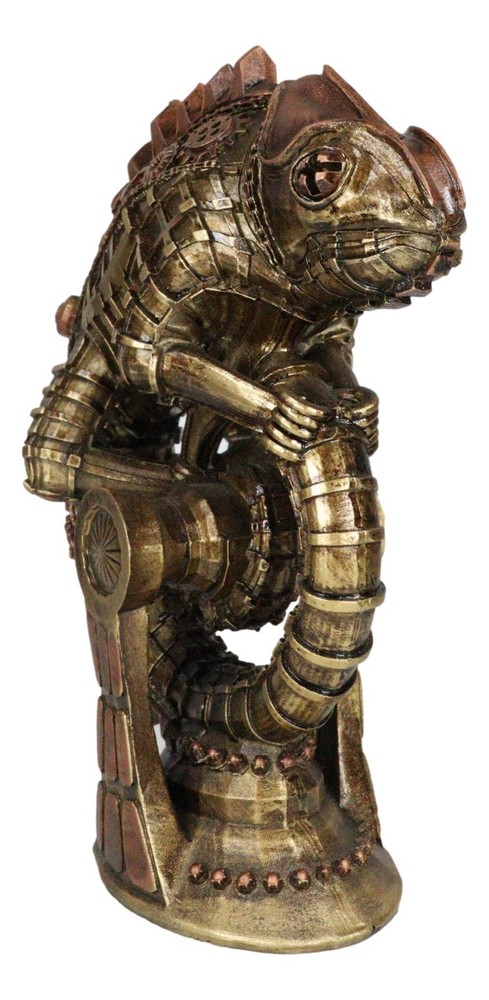 Geared Clockwork Vintage Steampunk Iguana Lizard Coiling On Stand Figurine