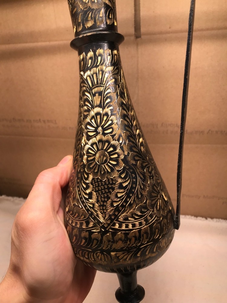 Bidriware style solid brass pitcher large engraved carafe vase