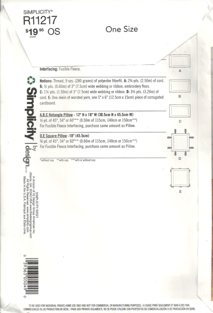 SIMPLICITY R11217 PILLOWS SEWING PATTERN