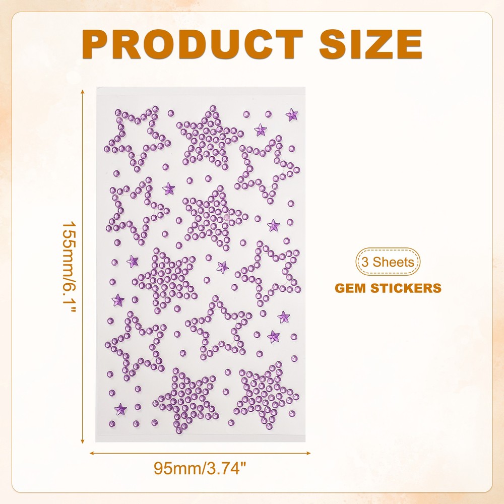 3Sheets Star Gem Sticker, Face Gem Stickers, Purple