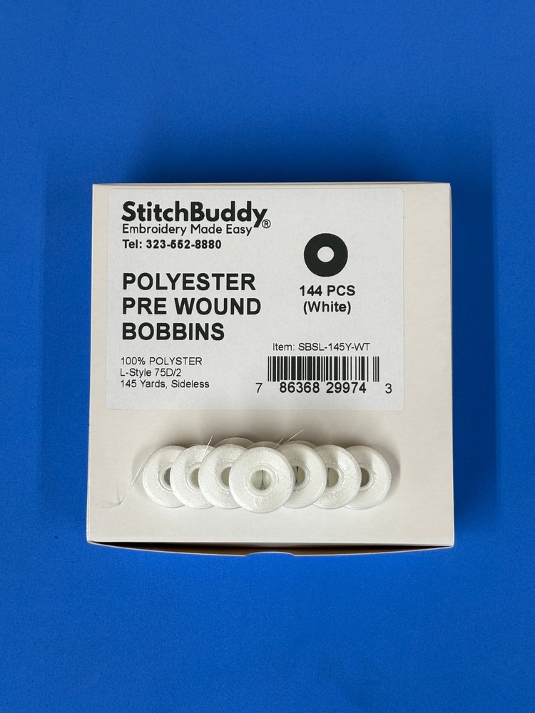 Prewound Bobbin Thread,White Sideless Polyester, 144pcs, 145 yds, Size L,