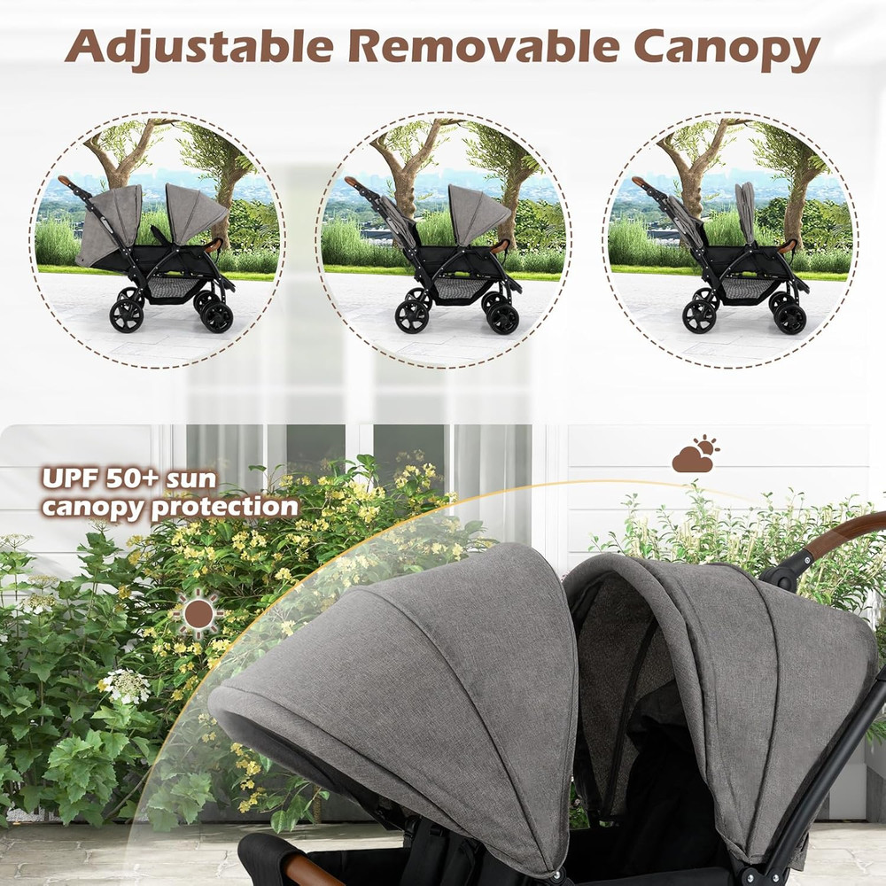 Compact Double Stroller with Adjustable Canopy, Harness & Storage Basket