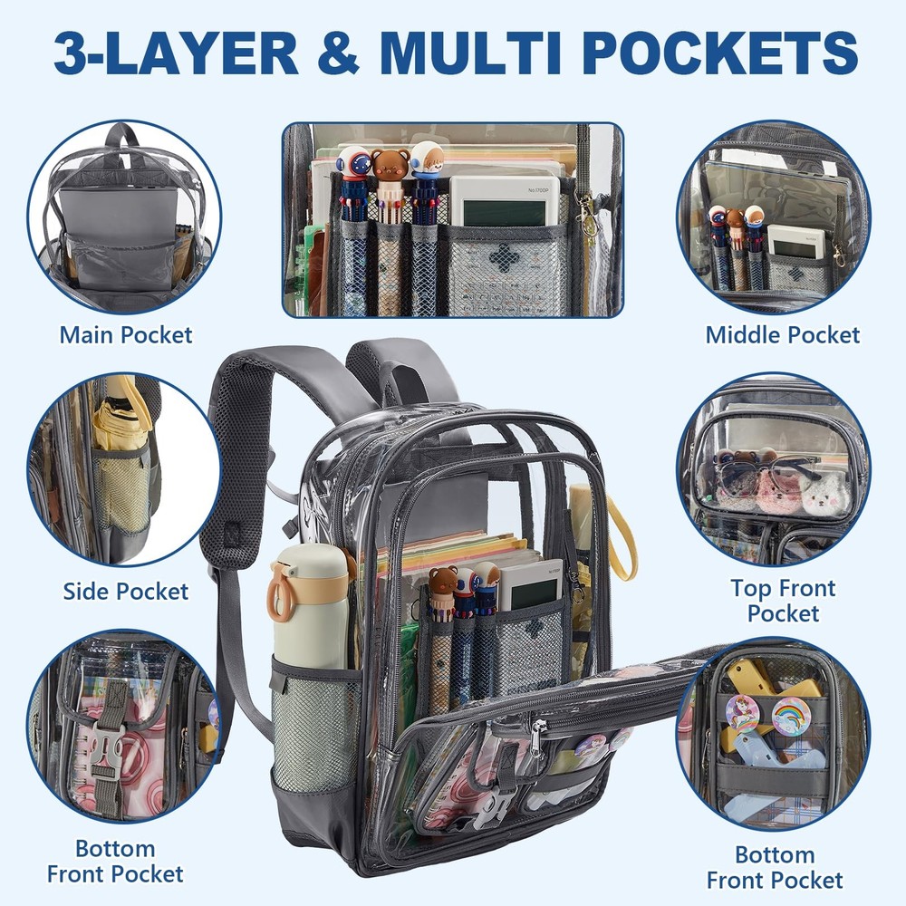 Grey Clear Backpack Heavy Duty Large Transparent Bookbag Multiple Pockets