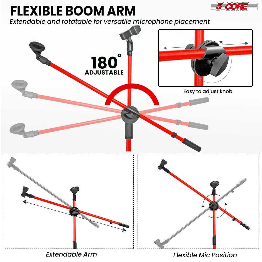 5 Core Microphone Stand Floor Height Adjustable w Extending Telescoping Boom Arm
