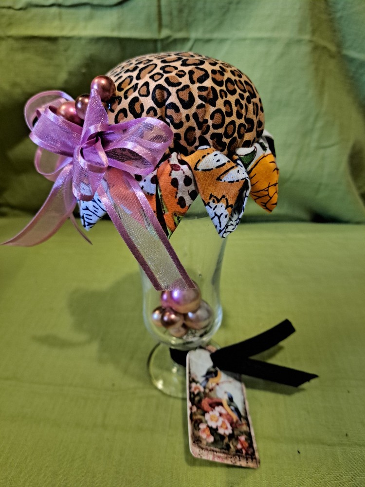(1) Pin Cushion, Whimsical ice cream/flower, shape using vintage glass ware