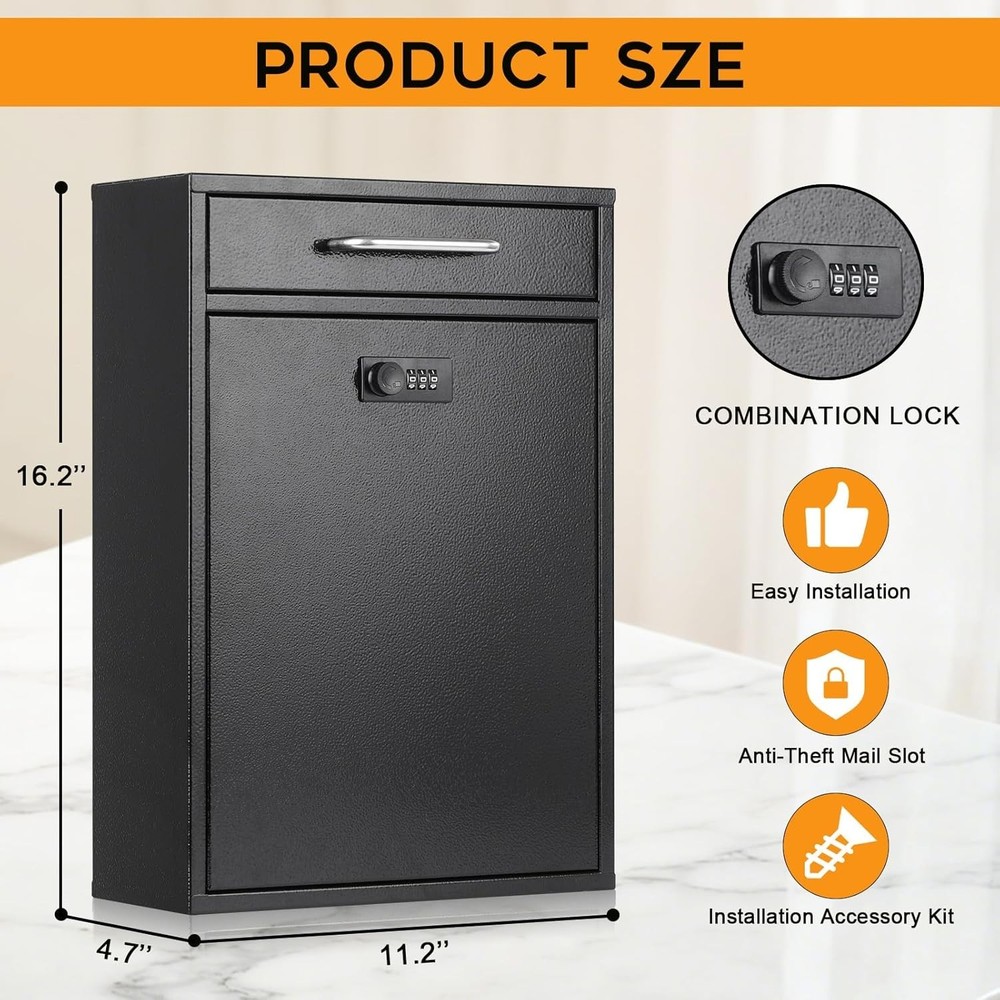 Wall Mount Mailboxes with Combination Lock, X Large Black