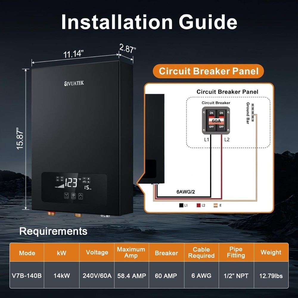 SIVUATEK Electric Tankless Water Heater 14kW, 240V-ETL Certified,Self Modulating