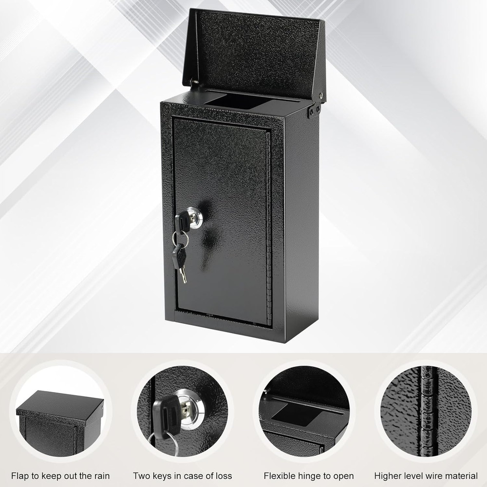 Wall Mounted Key Drop Box Locking Metal Mailbox Secure Storage Black