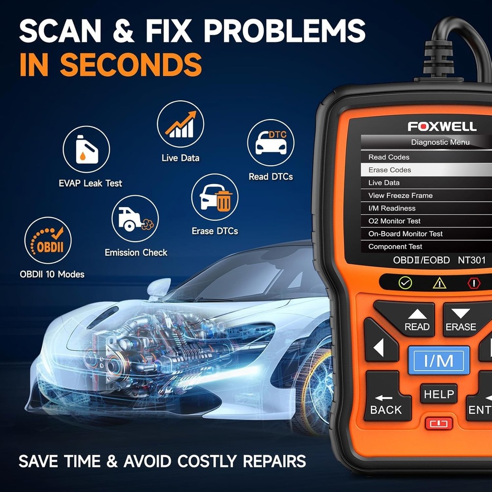 FOXWELL NT301 OBD2 Scanner Diagnostic Tool Live Data Code Reader Check Engine