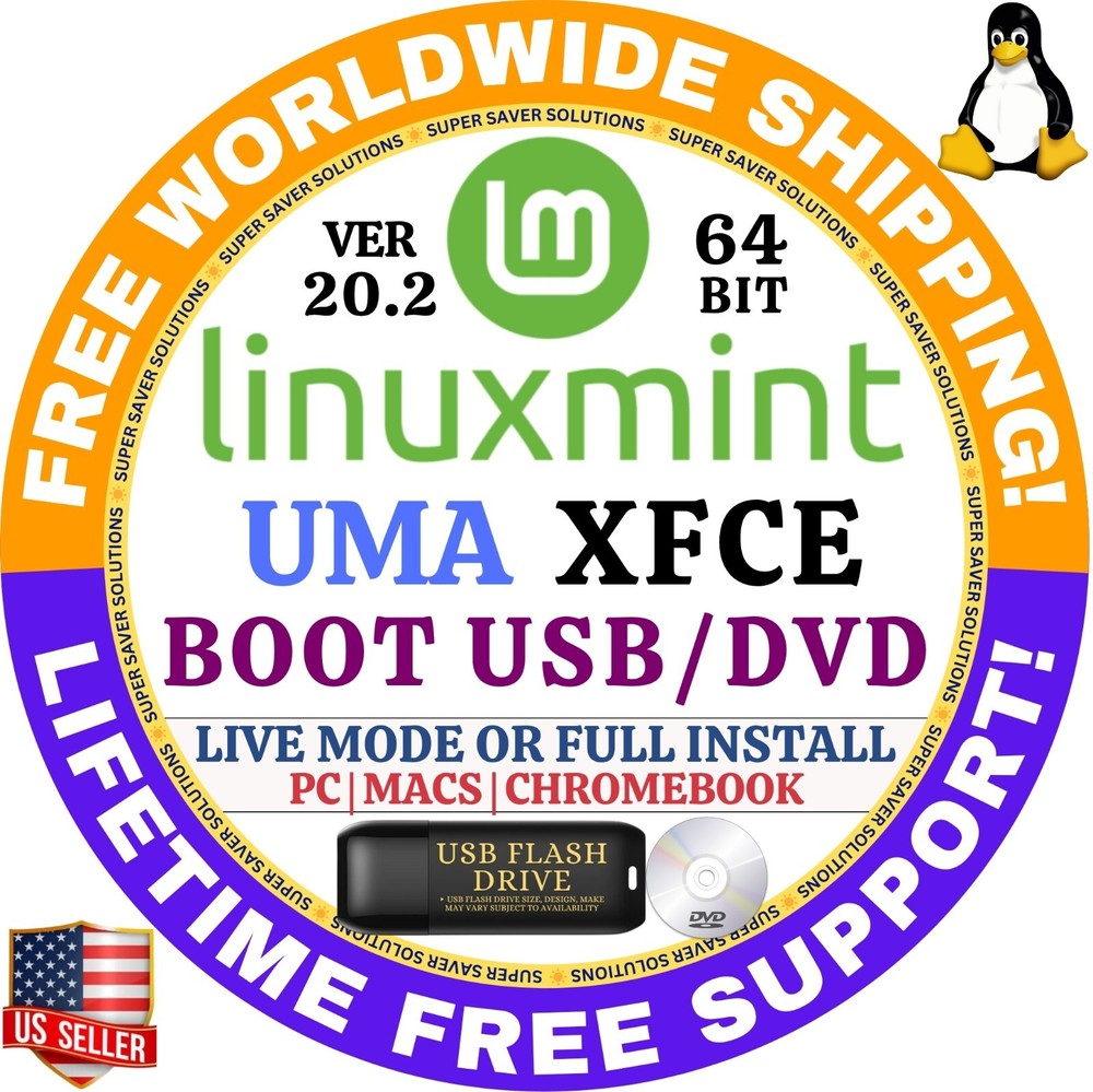 Linux MINT 20.2 USB UMA XFCE 64-Bit Live Boot, Full Install MAC, PC