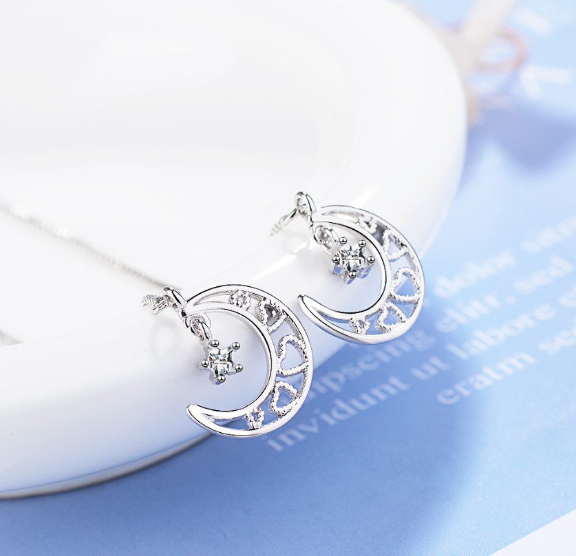 Silver Plated Crescent Moon Star CZ Ear Thread Through Threader Pull Earrings P1