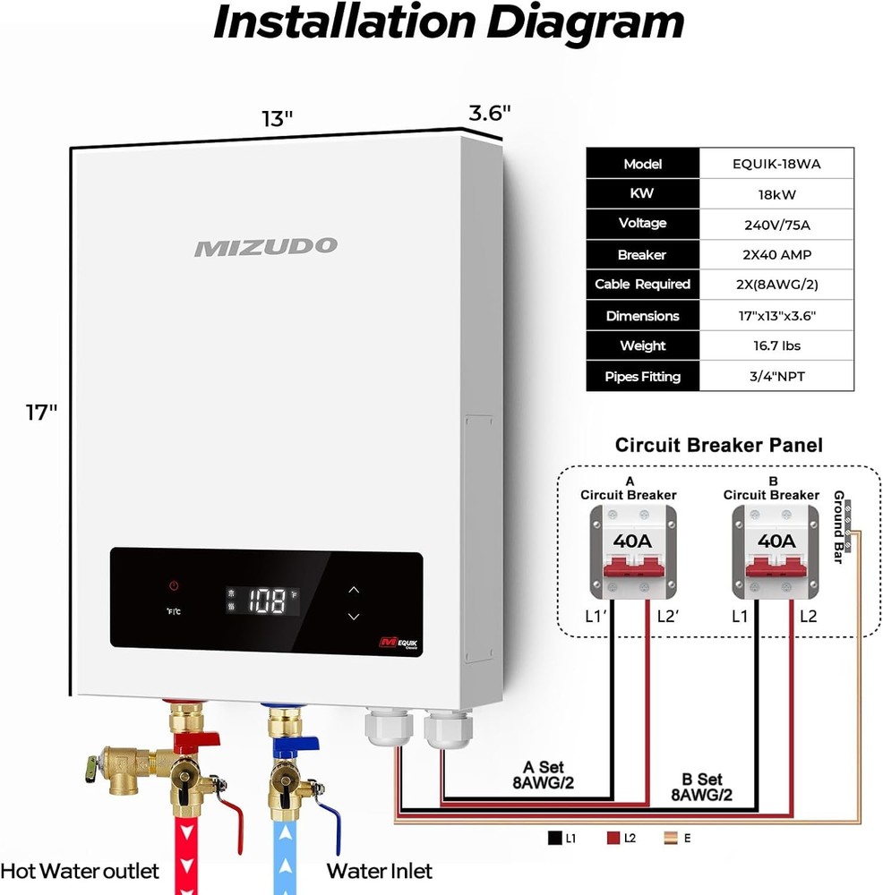 MIZUDO 18kW Tankless Water Heater Electric 240V Up to 4.2 GPM Remote Control