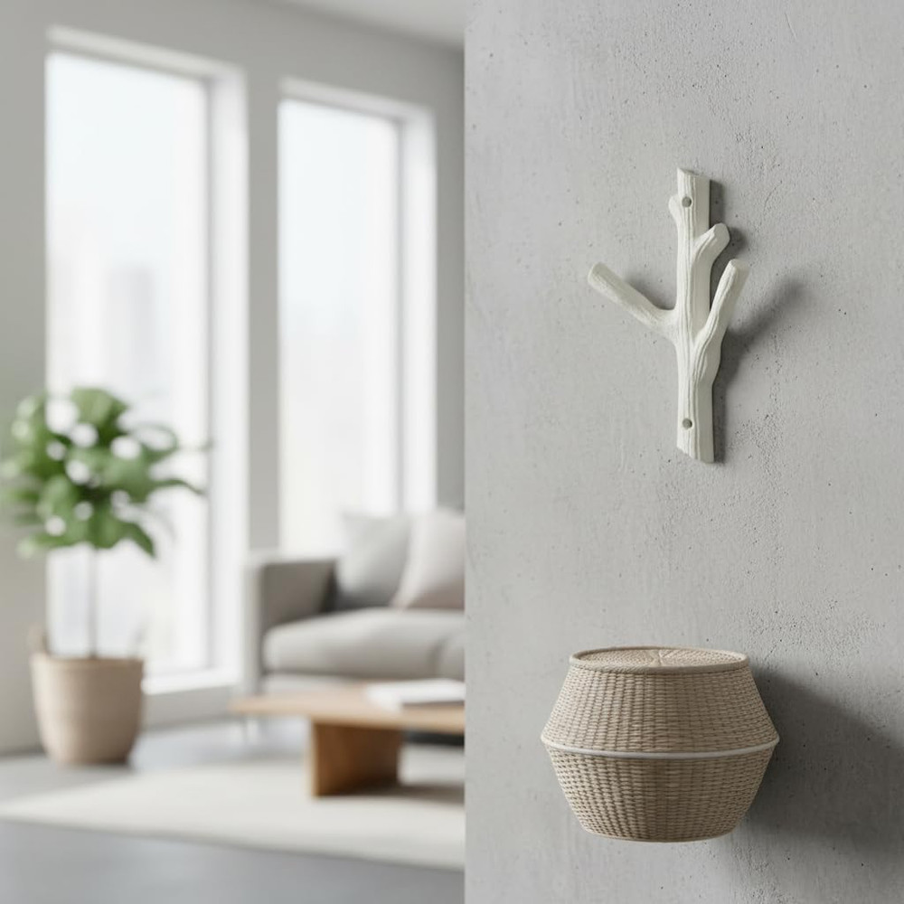 Decorative Tree Branch Wall Hook, White Cast Iron Double Key Hanger