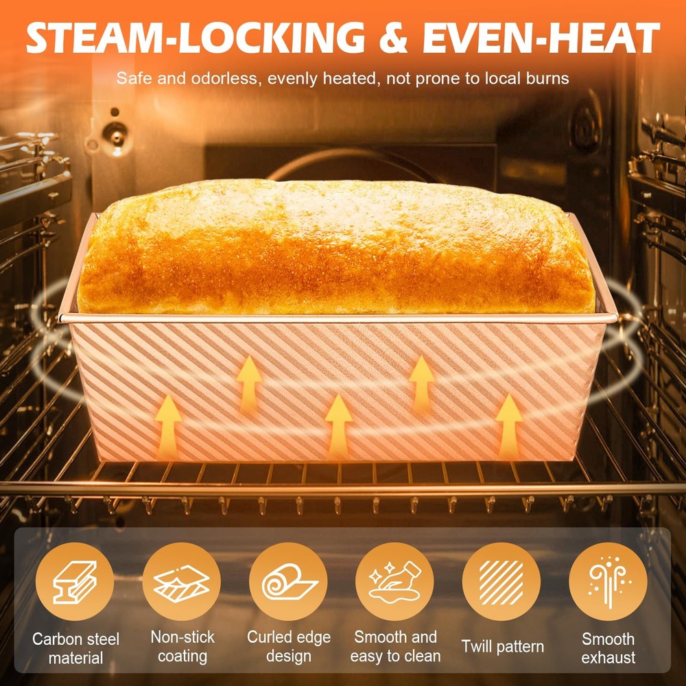 2Pack Pullman Loaf Pans with Lids 2.2 LB & 1 Dough Capacity Non-Stick Carbon