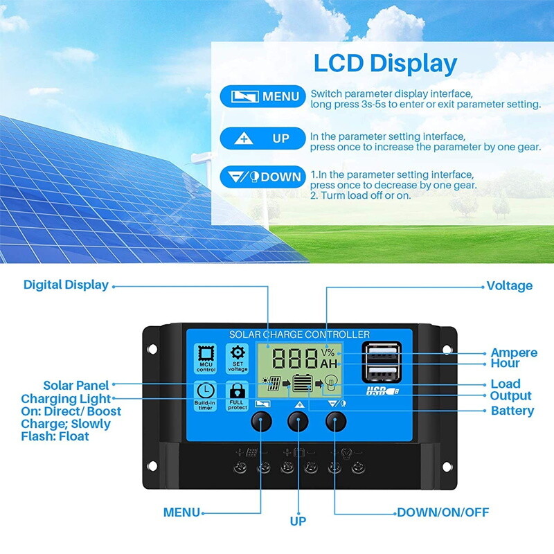 30A Solar Panel Battery Charge Controller 12V/24V LCD Regulator Auto Dual USB