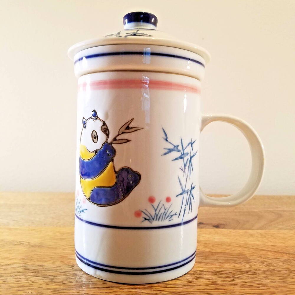 Blue Moon Panda Bear Lidded Tea Infuser Mug Cup Lid Ceramic Teacup Pot Maker