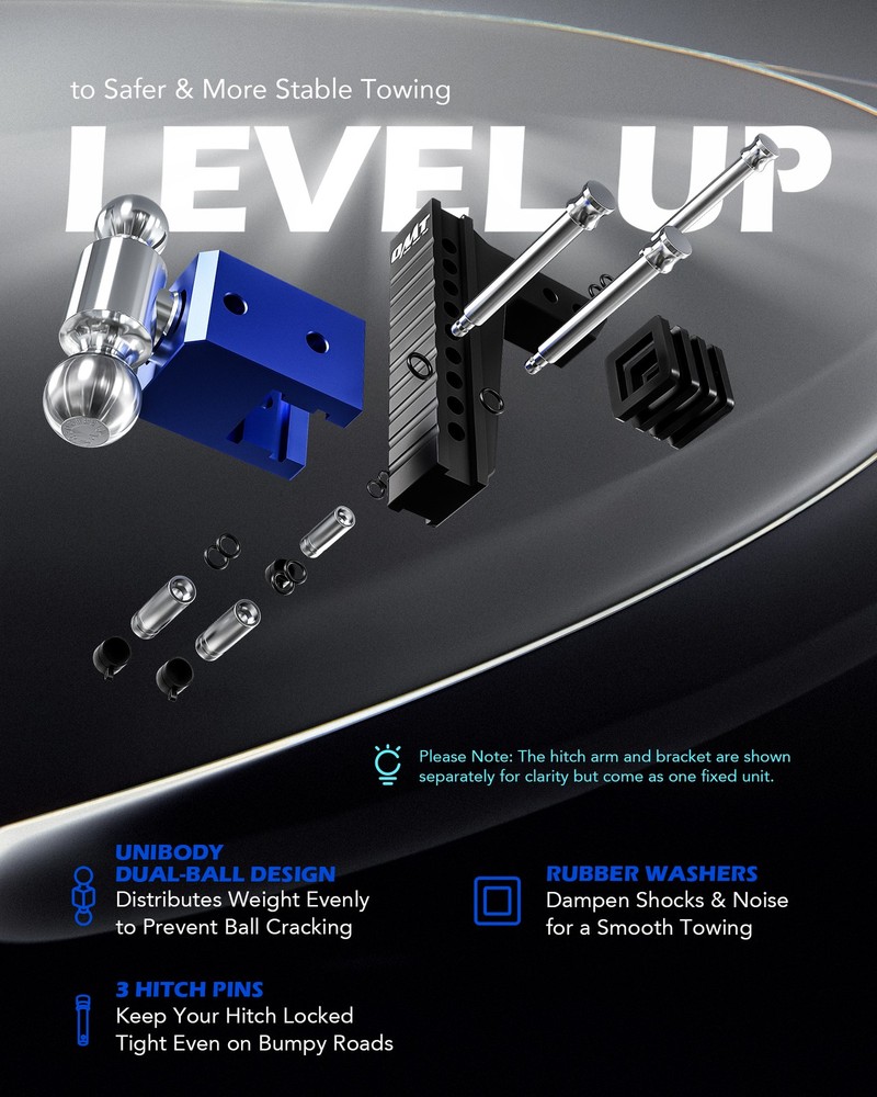 OMT Adjustable Trailer Hitch 2" Receiver Dual-Ball Mount 8" Drop Hitch with Lock