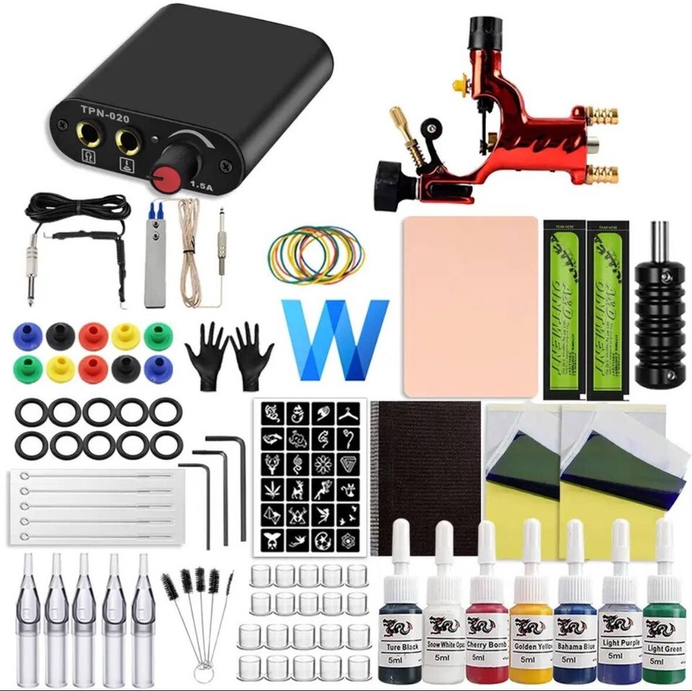 Complete Tattoo Kit Rotary Machine Power Supply  7 Inks Needle Set Beginner
