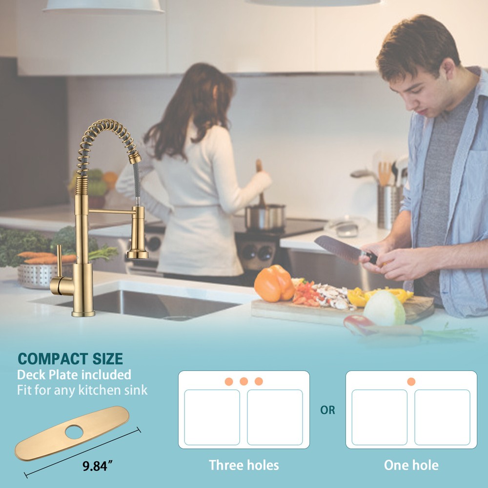 RENIST Brushed Gold Pull Down Single Handle Spring Kitchen Sink Faucet