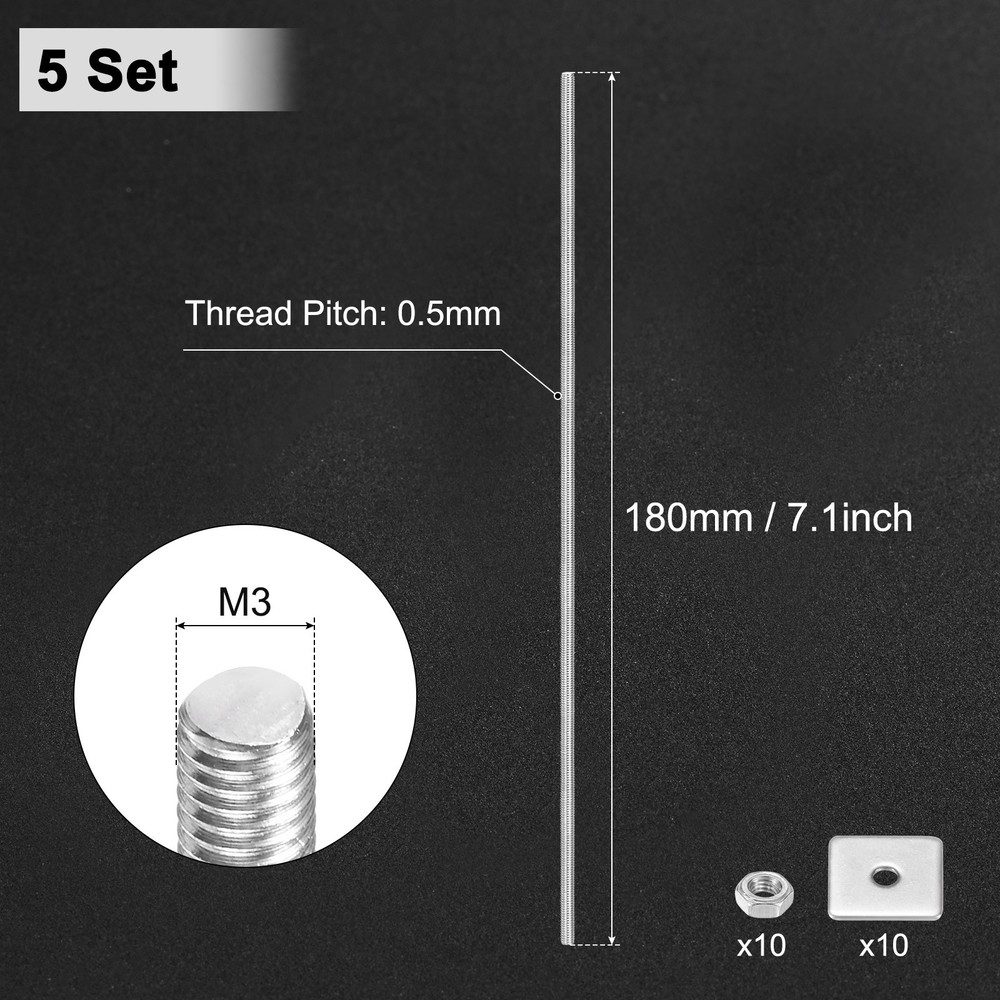 5-Set Fully Threaded Rod, M3x180mm Right Hand Thread Bar Studs with Nuts