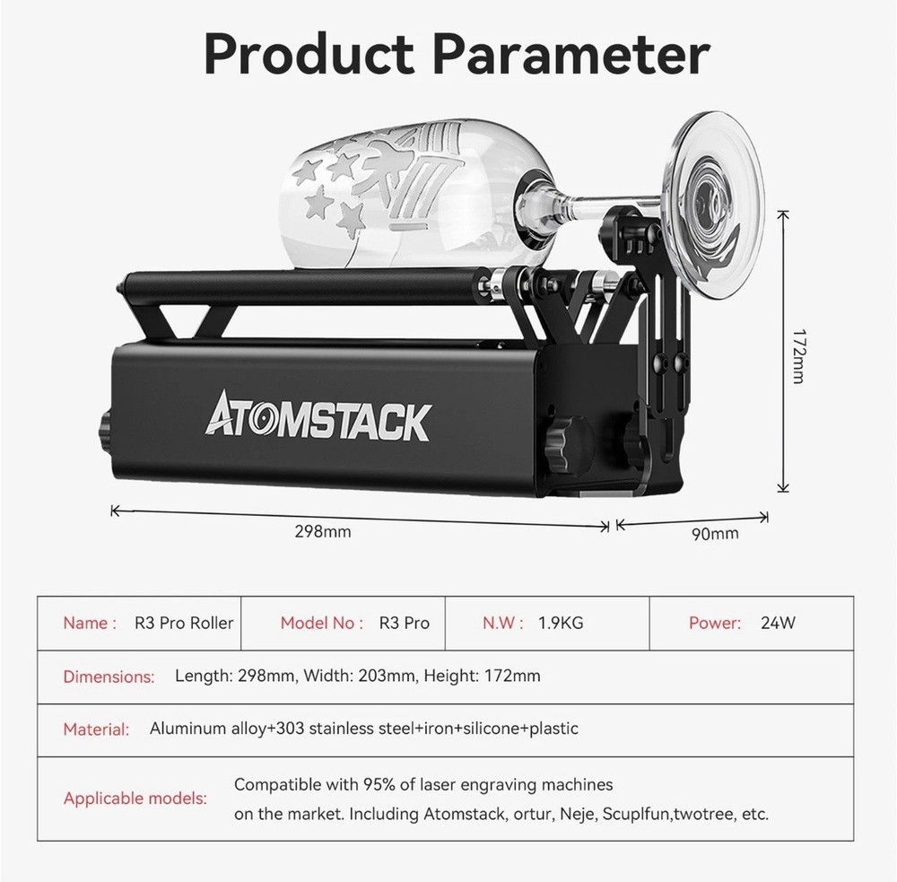 ATOMSTACK R3 Rotary Roller Module Compatible W/ 95% Laser Engraving Machine NEW