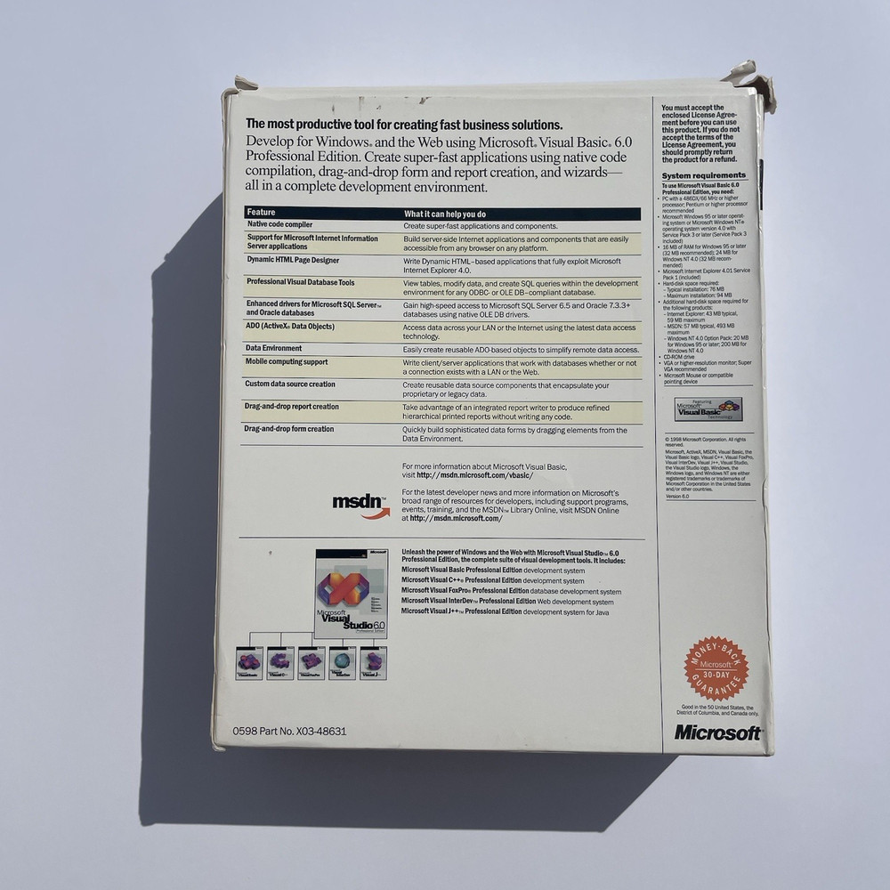 Microsoft Visual Basic 6.0 Professional Edition Pro 6 203-00490 Full Retail