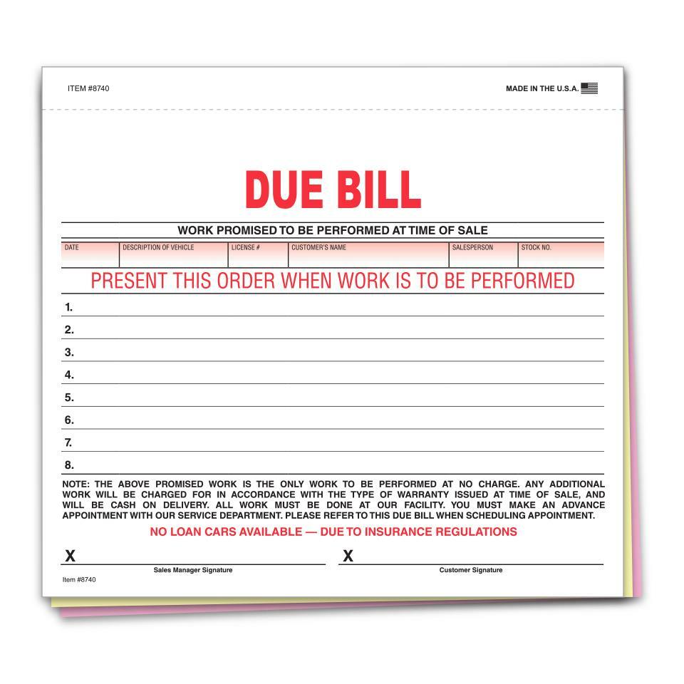 DUE BILL FORM - 3 PART - QTY. 100 / Item # 8740