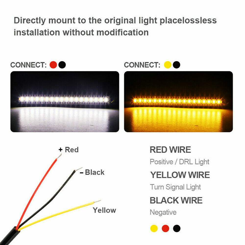 White/Amber Switchback LED Fork Turn Signal DRL Light Strips For Motorcycle 2pc