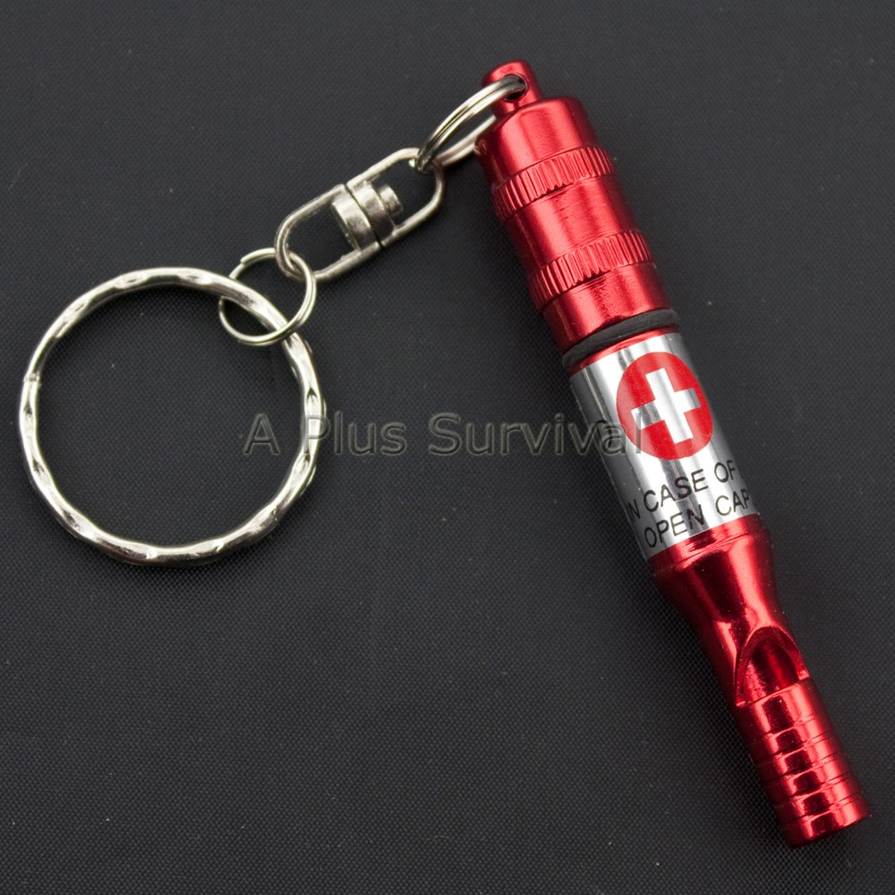 Red Keychain Whistle with Pill Case - Emergency & Survival Kit
