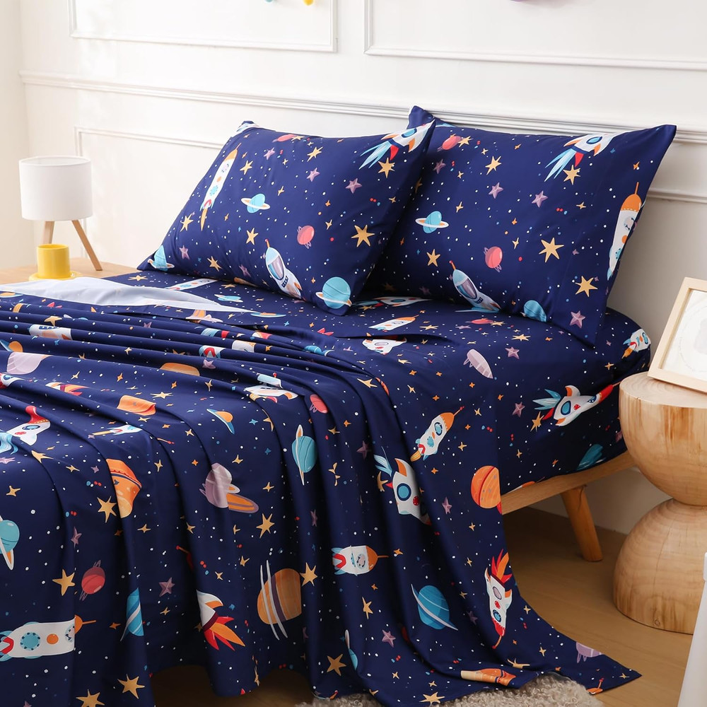 Full Size Bed Sheets for Boys Space Rocket Universe Bed Sheet Sets for Kids 4 Pi