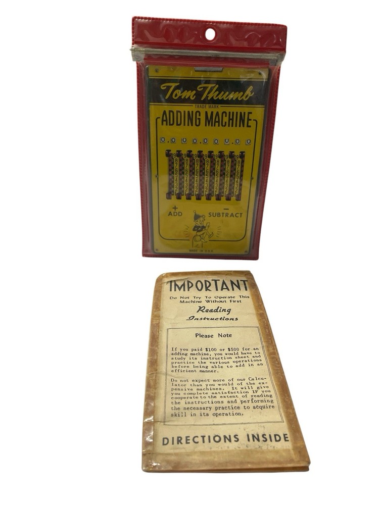 1950's Tom Thumb Handheld Adding Machine Original Sleeve Instructions Pixie USA