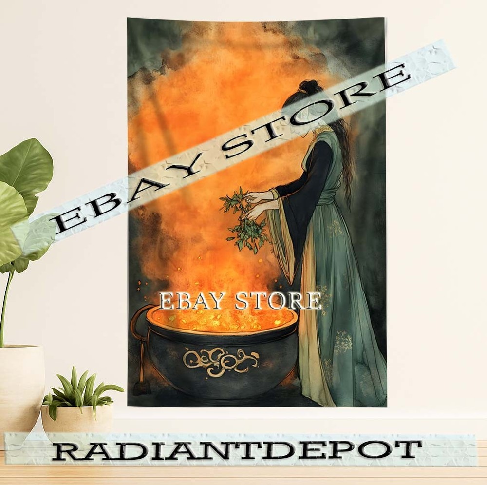 Cauldron Firelight cloth poster tapestry Wizard Brewing Scene 59X82 in