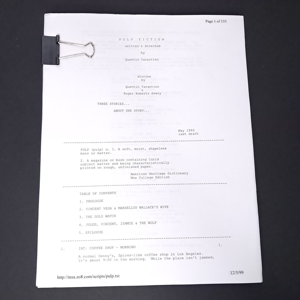 Pulp Fiction Quentin Tarantino & Roger Avery Movie Script Last Draft May 1993