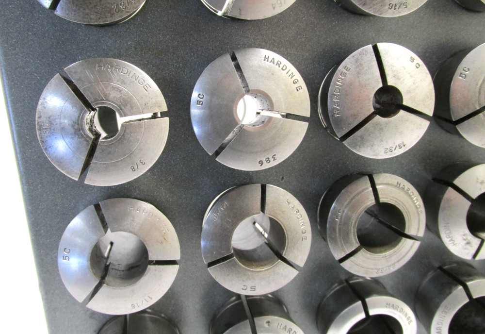 30 HARDINGE ASSORTED 5C ROUND COLLETS w/ RACK