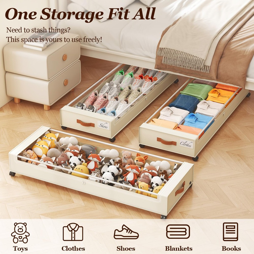 Yecaye Under Bed Storage with Wheels 2 Pack, 85L Extra Large Under Bed Storage C