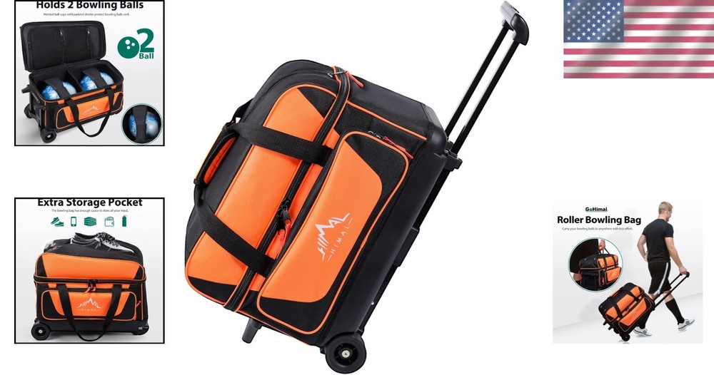 Double Roller 2 Ball Bowling Bag with Shoe Compartment and Retractable Handle