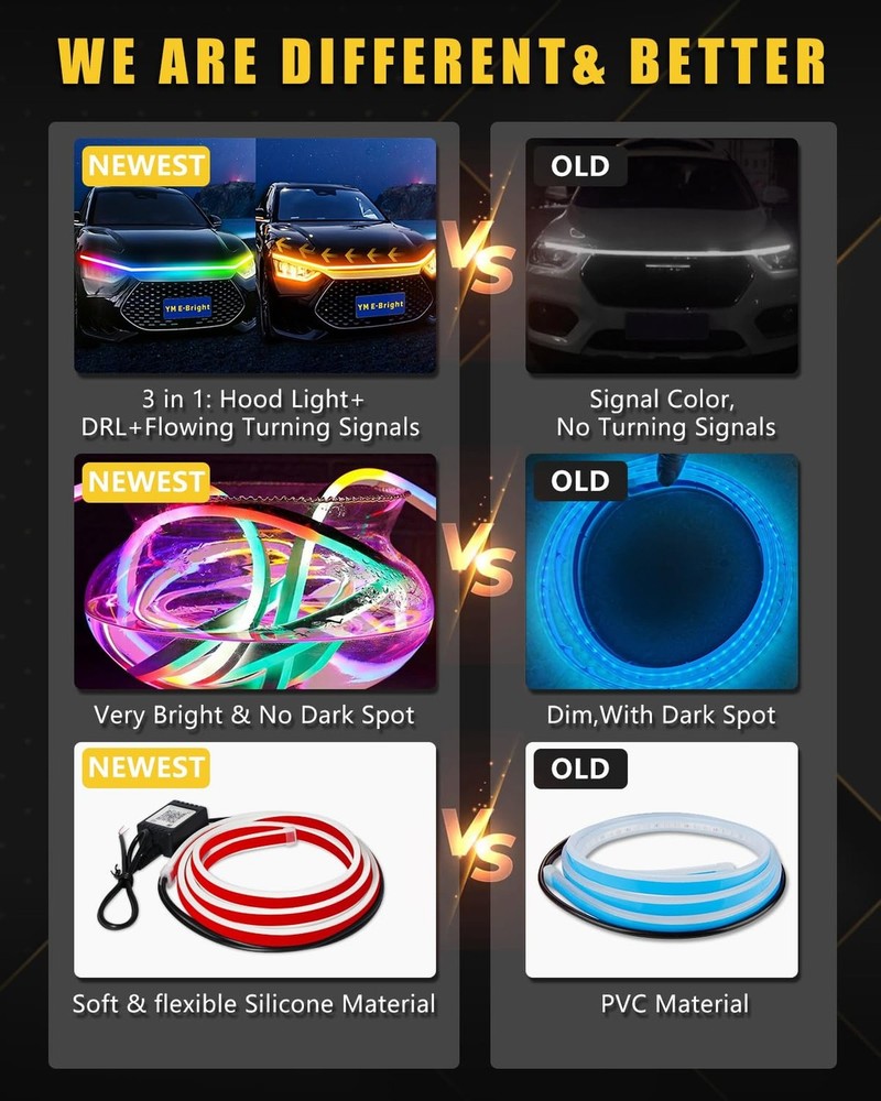 RGB Hood Light Strip with Sequential Turn Signal Indicator Function Waterproo...