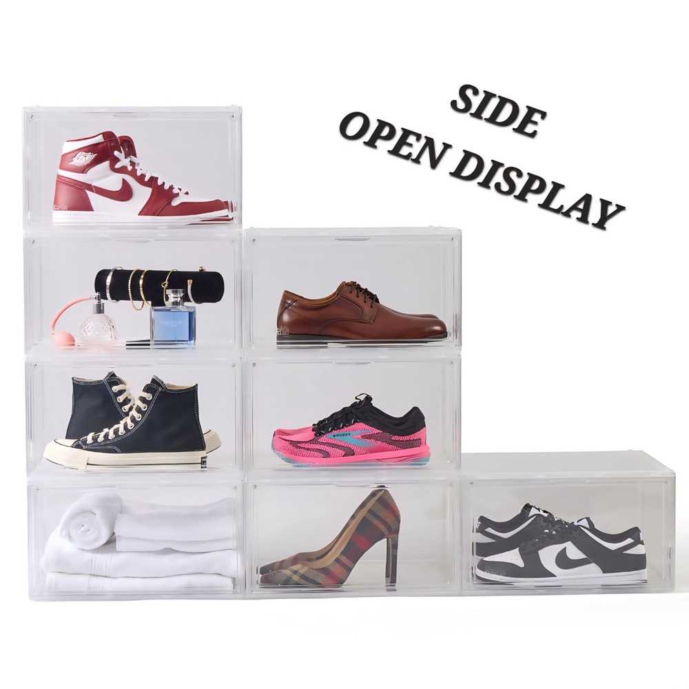 Clear 360° Stackable Shoe Display Case – Side Door Access, Up to Size 13.5 2Pack