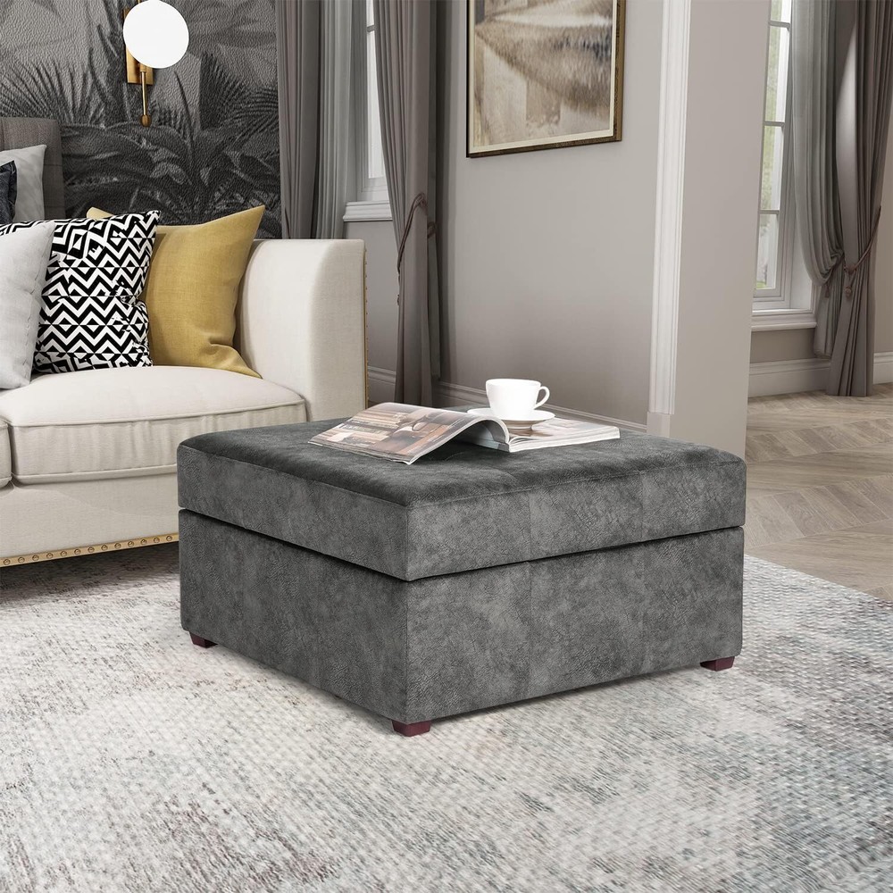 Homebeez Fabric Button Tufted Storage Ottoman Bench, Square Coffee E-gray