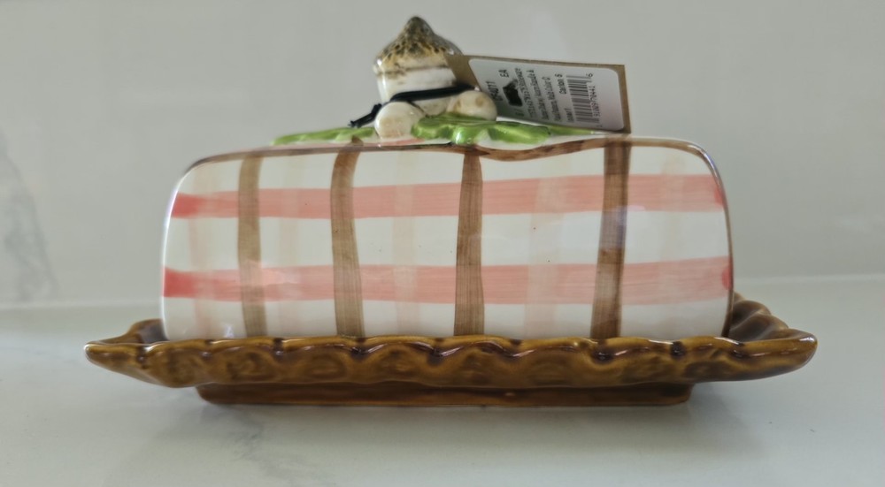 Creative Co-op Stoneware Butter Dish Acorn Handle Plaid Pattern New With Tag