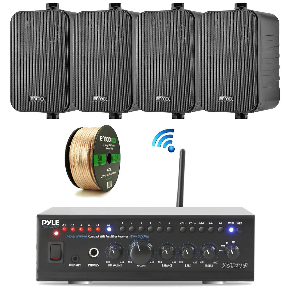 Pyle WiFi Bluetooth Stereo Amplifier, 4x Enrock 4" Box Speakers, Wire Bundle