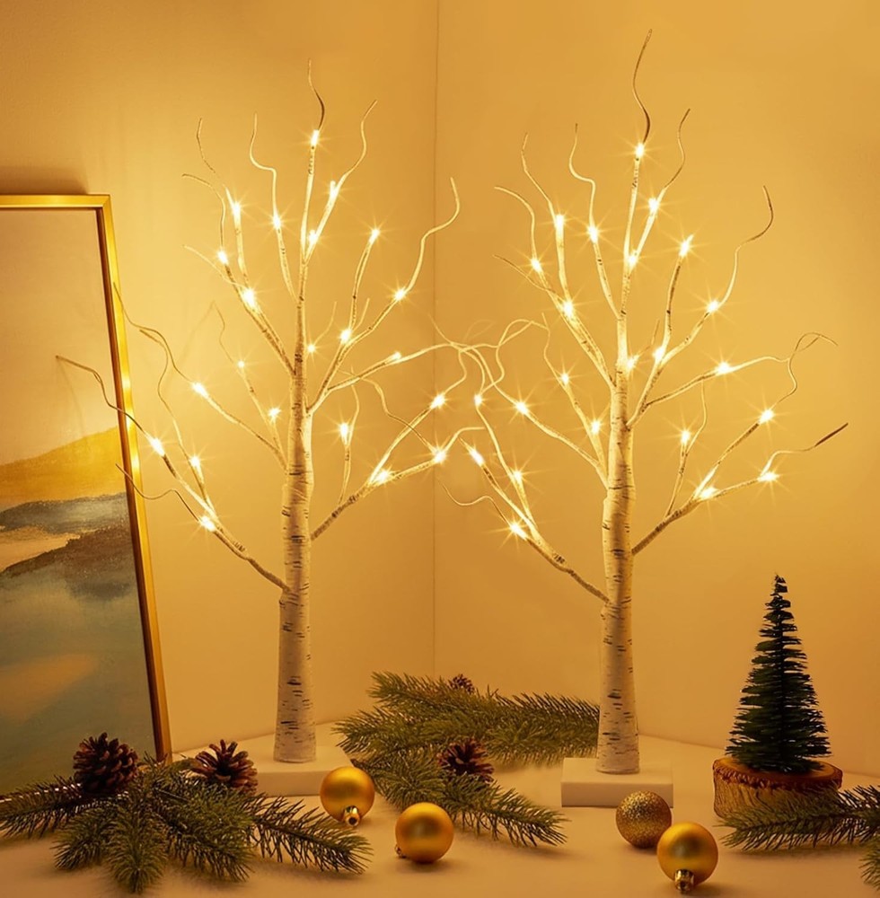 Lighted Birch Tree Easter Decorations 2FT White Mini Trees with 24 LED Lights