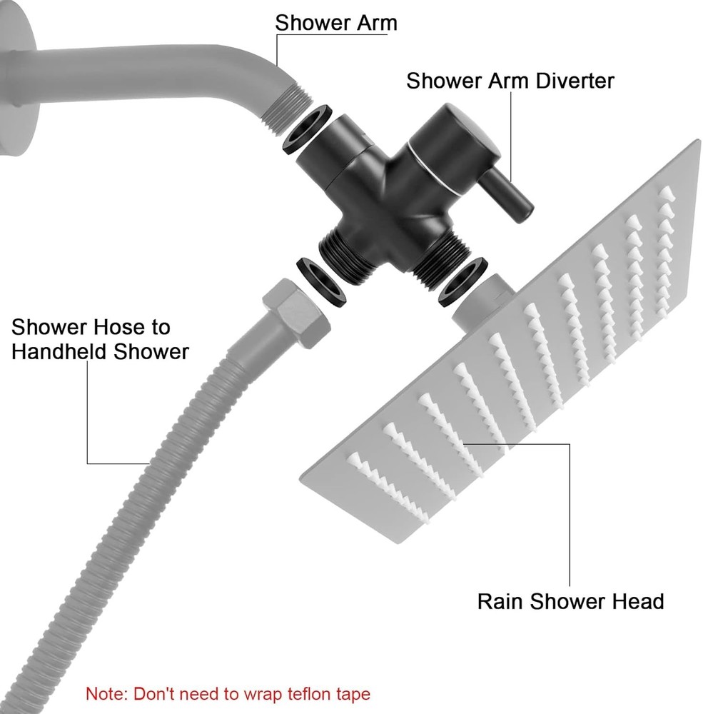Black Solid Metal 3-Way Shower Arm Diverter T Adapter Replacement - Brushed Nick