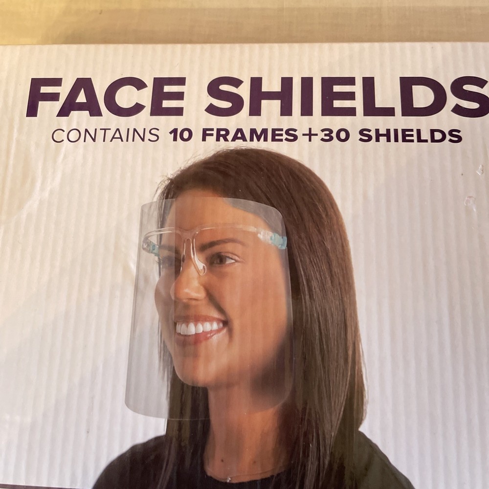 Face Shields 10 Frames 30 Shields Clear Plastic. BRAND NEW IN BOX