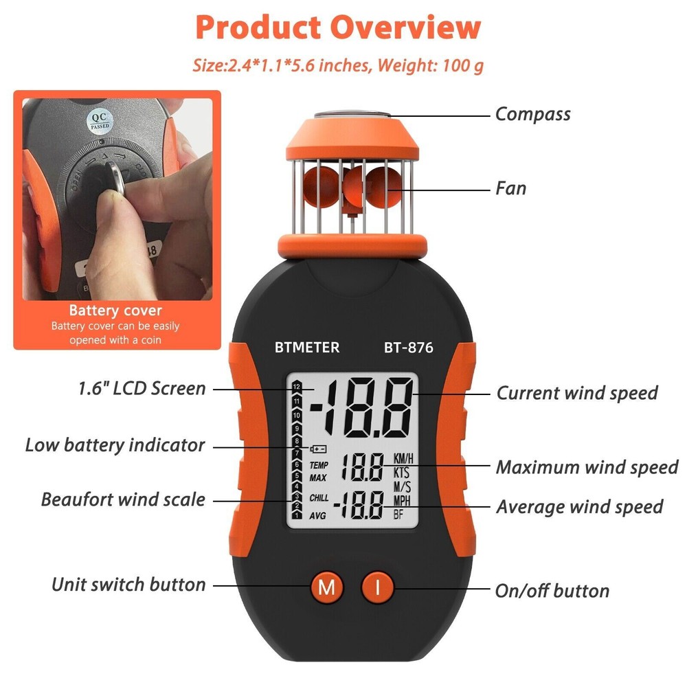 Wind Cup Anemometer Handheld Digital Wind Meter Air Speed 42m/s